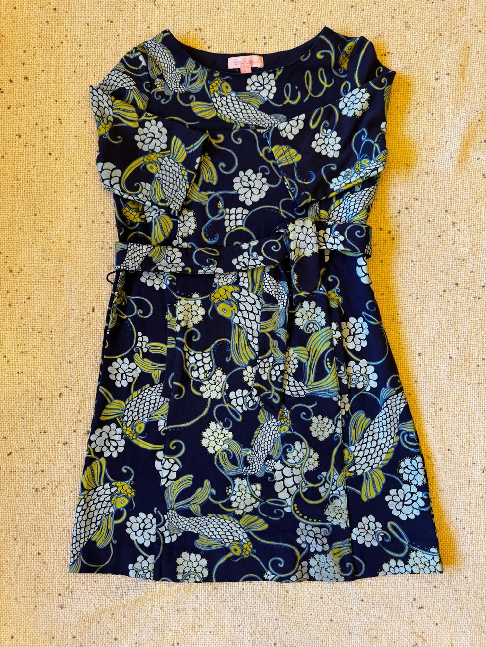 Lilly Pulitzer Girls Koi Fish Print Belted Dress Size 8 Navy Blue